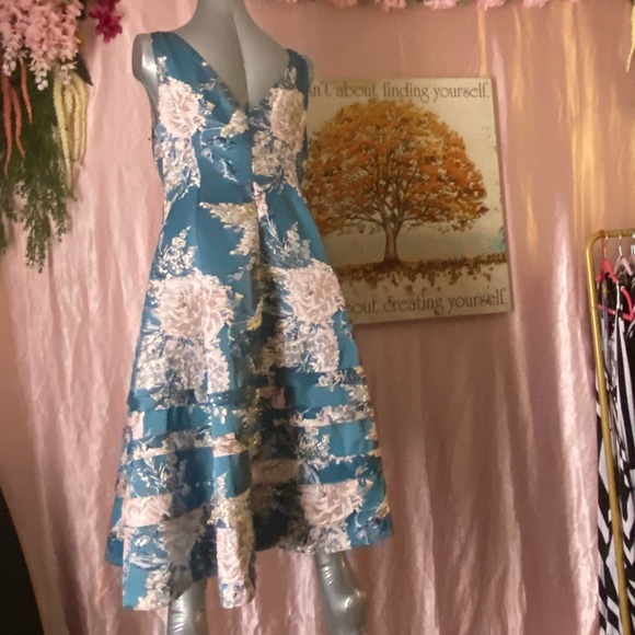 Adrianna Papell Jacquard Floral Print Fit Flared Midi Dress in Teal, Size 16. - Picture 3 of 4